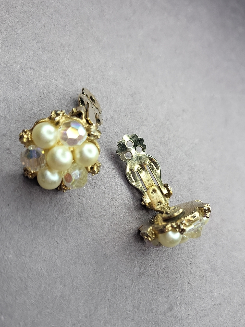 Gold Pearl Cluster Clip Earrings with Aurora Crystal Accents - Picture 2 of 3